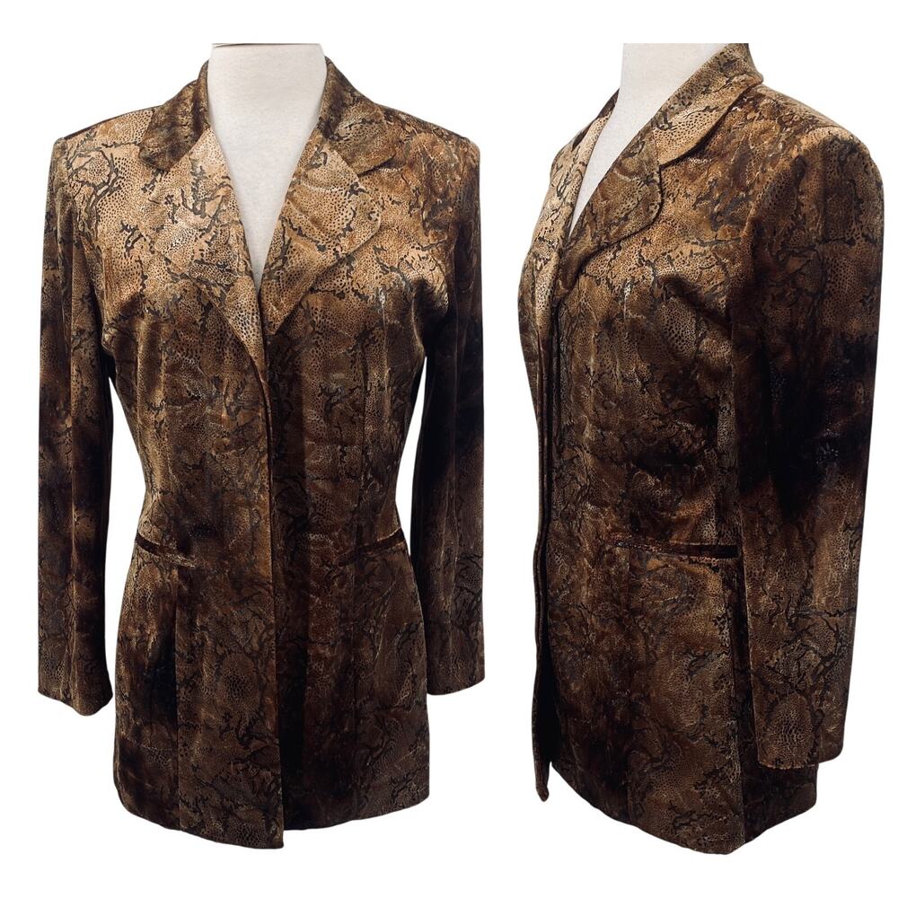 Vintage 90s Joseph Ribkoff Velvet Snakeskin Print Blazer Jacket Brown Gold 8/10